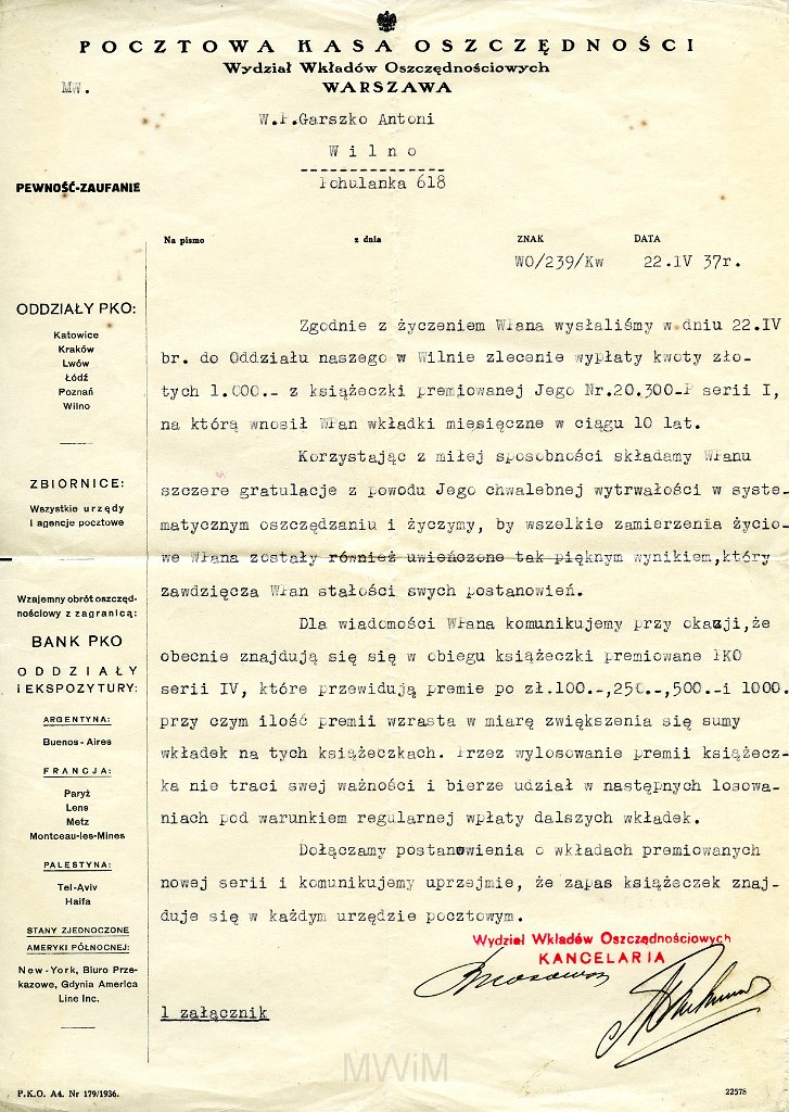 KKE 5881-2.jpg - Dok. Pismo wystawione przez Pocztową Kasę Oszczędności w Warszawie dla Antoniego Graszko dotyczące wypłaty z książeczki premiowej, Warszawa, 22 IV 1937 r.